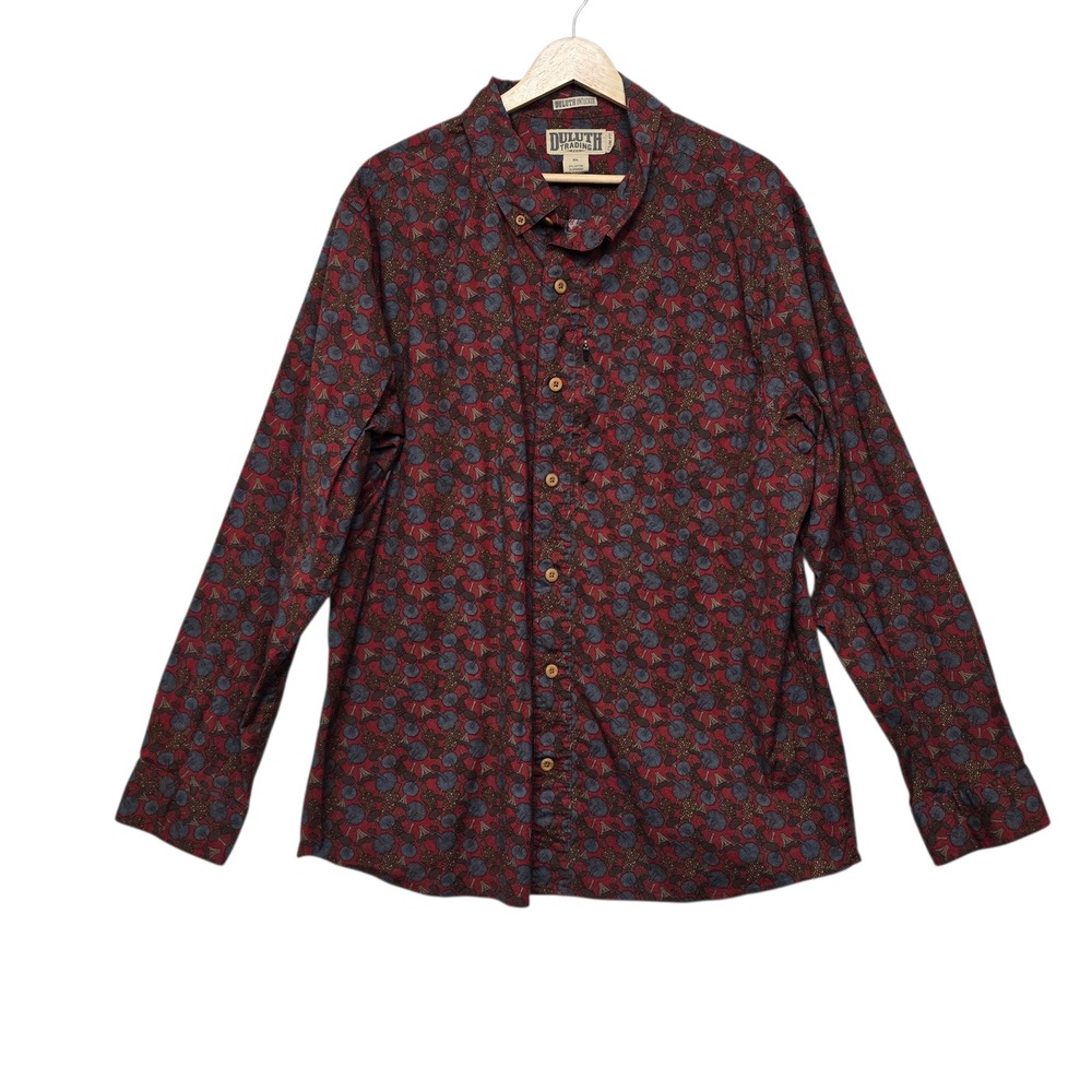 Duluth Trading Co Mens XL Slim Fit Untucked Mushroom Print Button Down Shirt Red